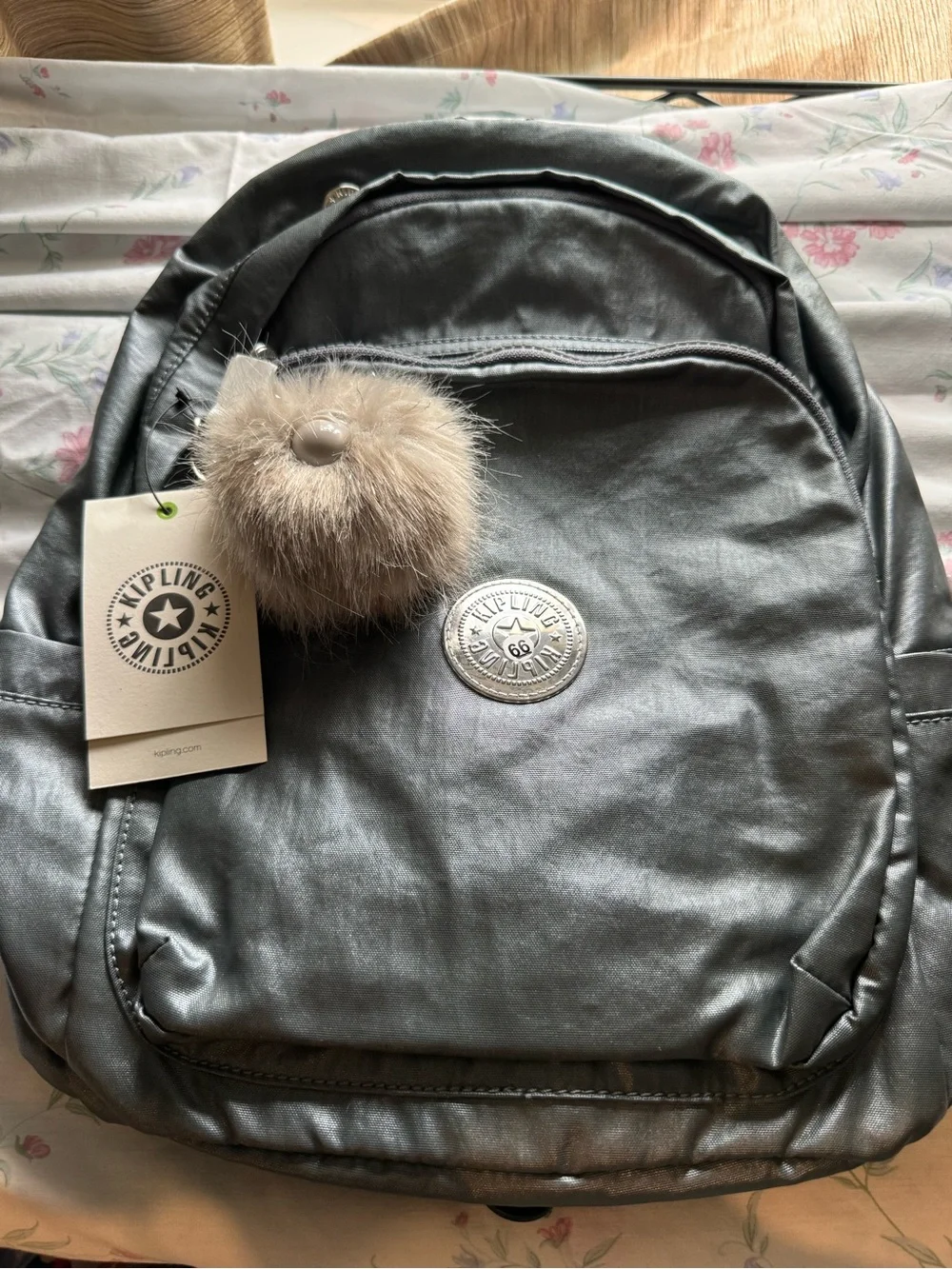 Kipling Light Silver Gray Faux Fur Pom Pom Bag Charm